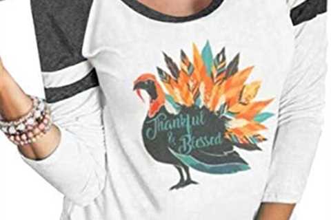 DUTUT Thankful Blessed Shirt Thanksgiving Turkey Tshirt Women 3/4 Sleeve O-Neck Striped Splicing..