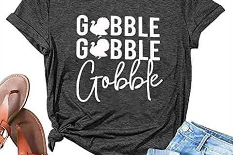 FASHGL Gobble Gobble T-Shirt Women Thanksgiving Shirts Funny Turkey Graphic Tee Casual Short Sleeve ..