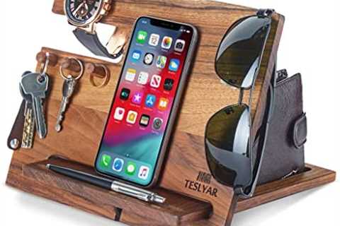 Natural Walnut Wood Phone Docking Station Hooks Key Holder Wallet Stand Watch Organizer Men Husband ..