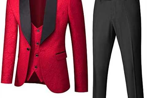 YND Men’s 3 Piece Slim Fit Tuxedo Set, One Button Shawl Collar Jacquard Jacket Vest Pants with Bow..