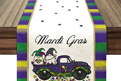 Siilues Mardi Gras Decor, Mardi Gras Table Runner Gnomes Truck Mardi Gras Beads Seasonal..