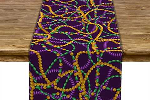 Linen Mardi Gras Table Runner New Orleans Masquerade Beads Table Decoration Kitchen Dining Room..