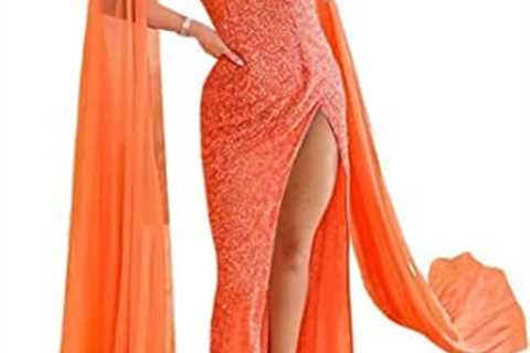 TRHTX Mermaid Sequin Prom Dresses with Chiffon Cape Long V Neck Formal Dresses Bodycon Side Split..